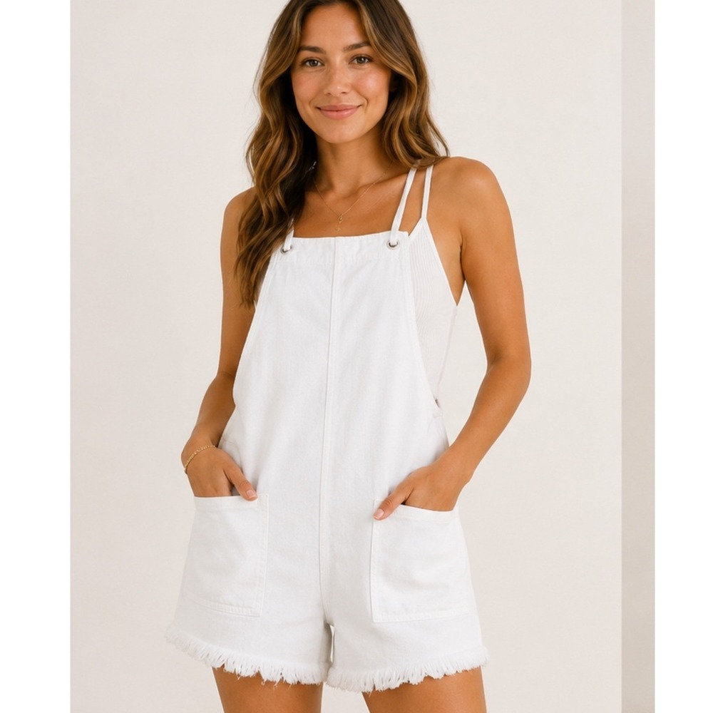 Aerie White Denim Shortall Romper Frayed Hem Womens XXS Adjustable Strap NEW NWT - Picture 1 of 8